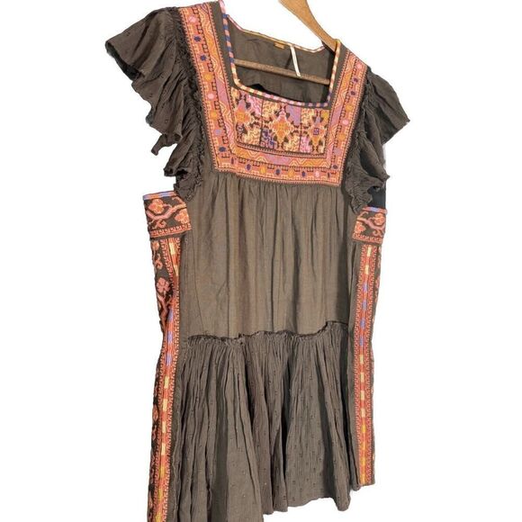 Free People Embroidered Mini Dress Brown Small Boho Western XS Folk Art‎ Native - Picture 1 of 8